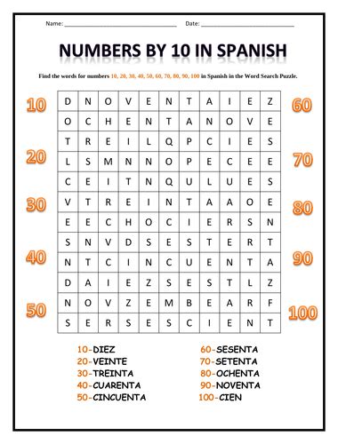 Spanish Word Search – Numbers 10.